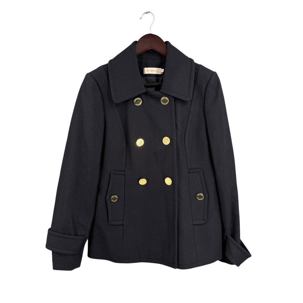 Tory Burch Pea Coat Navy Blue Double Breasted Wool Blend Gold Buttons Size 8